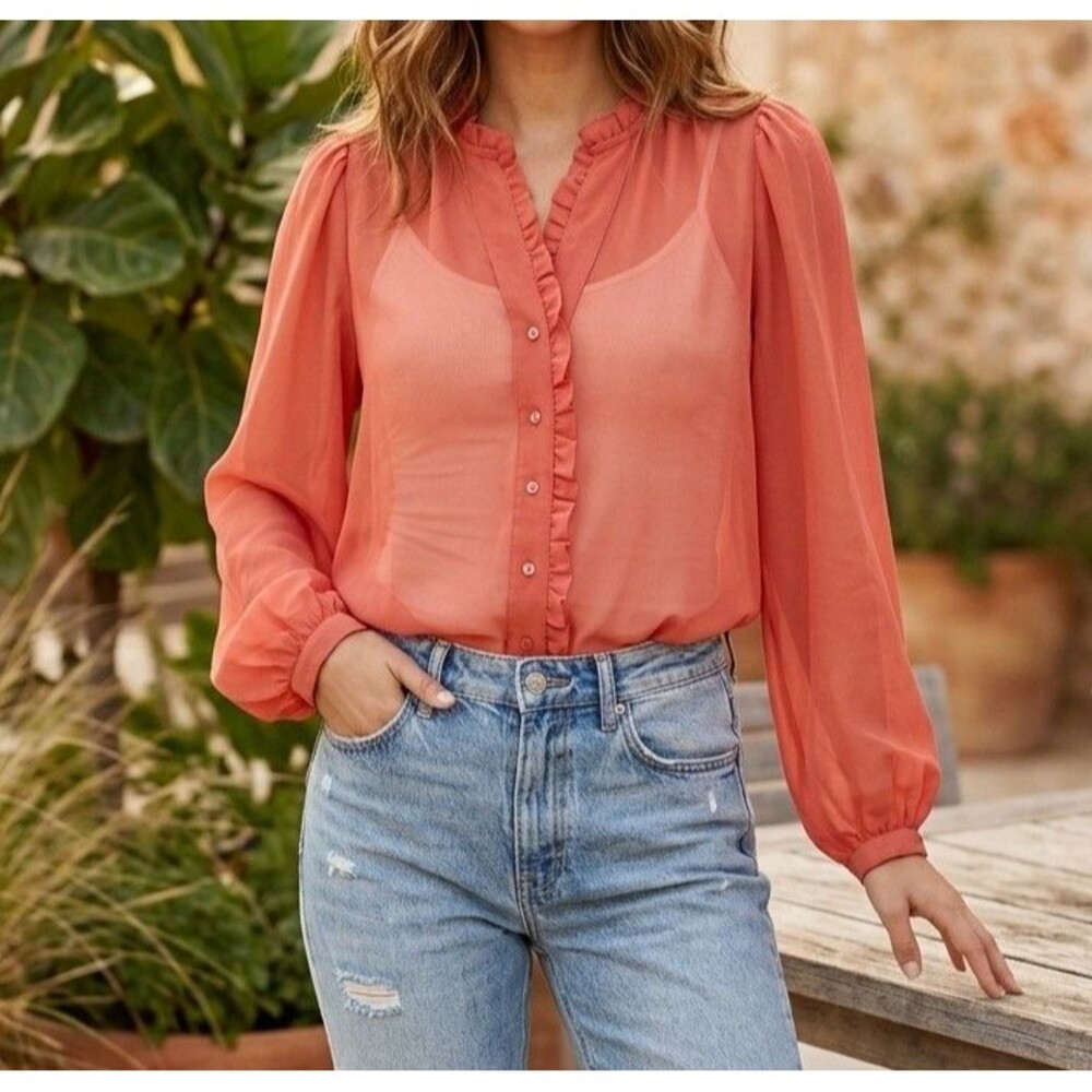 Sea New York Buttondown Long Sleeve Shirt Blouse Top Ruffle Rust XS 291019